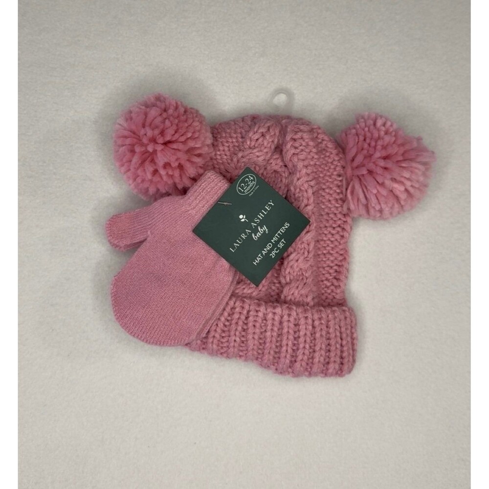Laura Ashley Baby Girl Winter Hat Mittens Set Pink Cable Knit Pom Pom NWT 12-24M